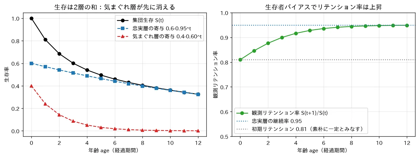 生存は2層の和:気まぐれ層が先に消える