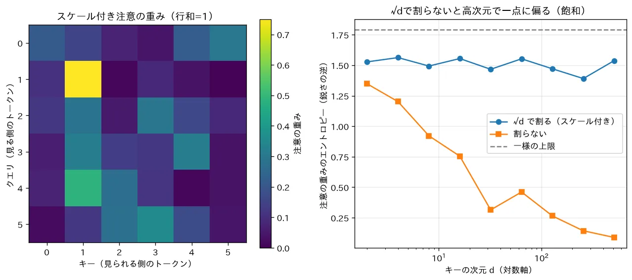 スケール付きドット積注意と√dの効果