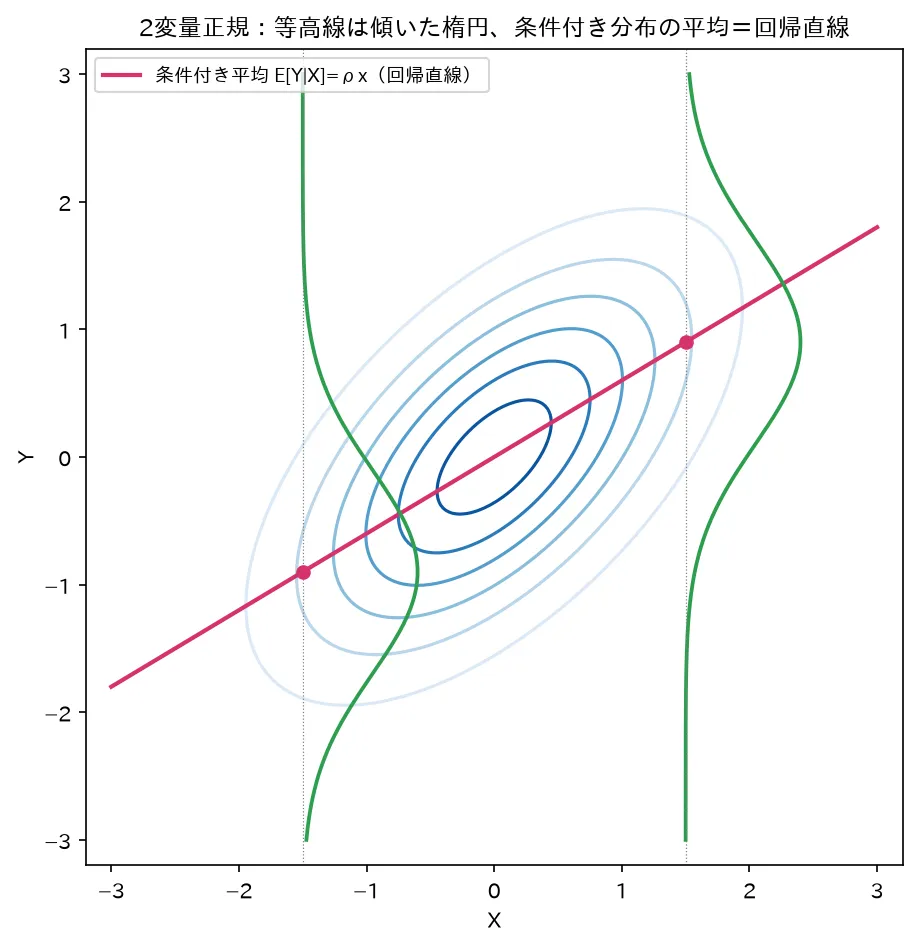 2変量正規分布：相関で傾く等確率楕円・条件付き期待値＝回帰直線・条件付き分布のスライス